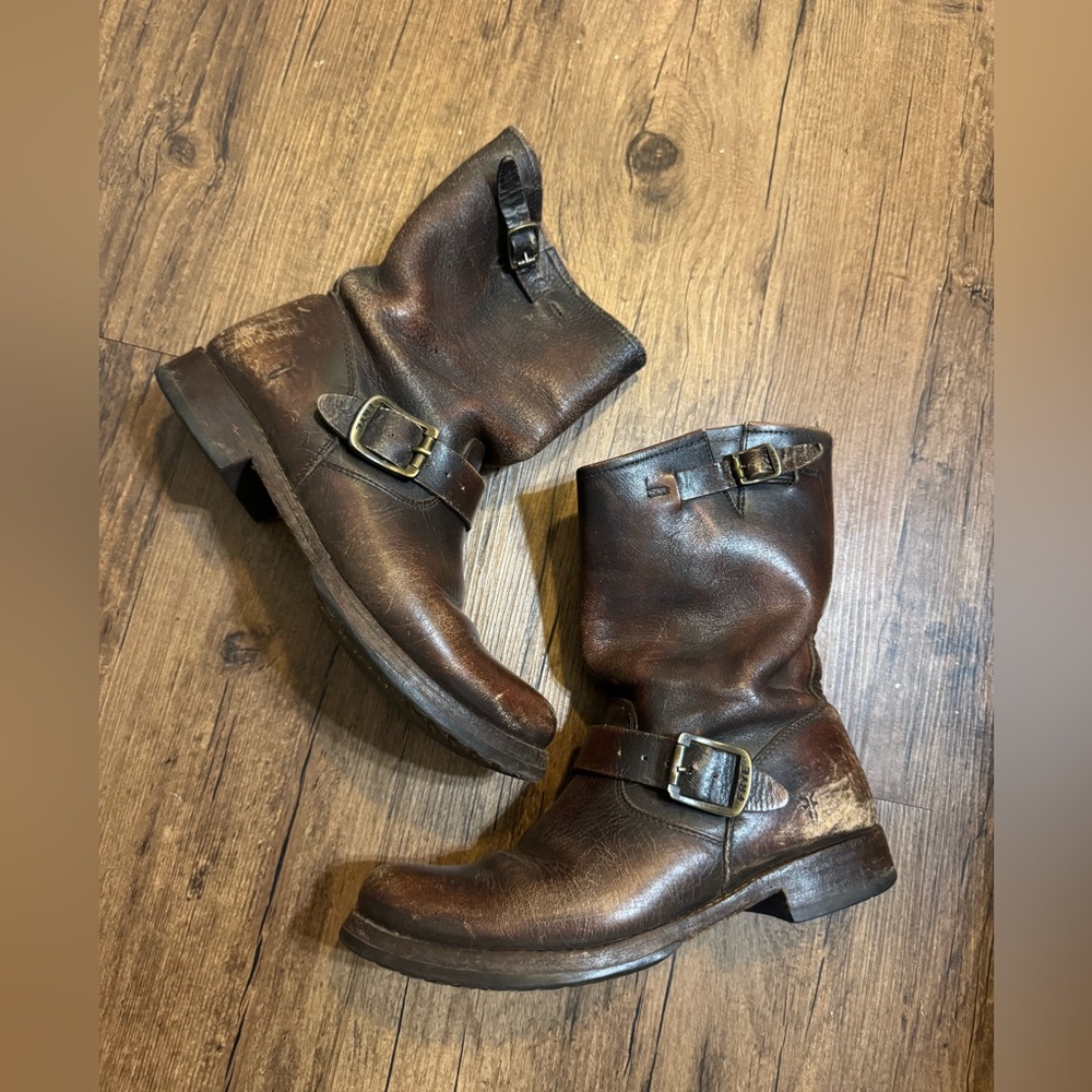 Frye Slouchy Brown Leather Engineer Boots with Brass Buckles
